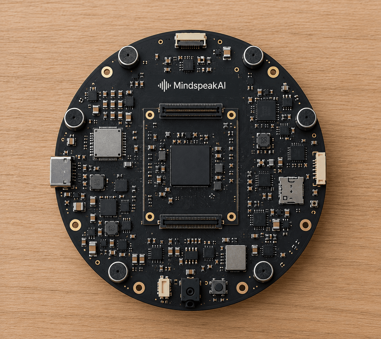 The TokoBot store device board by MindSpeakAI, with six microphones around its edge